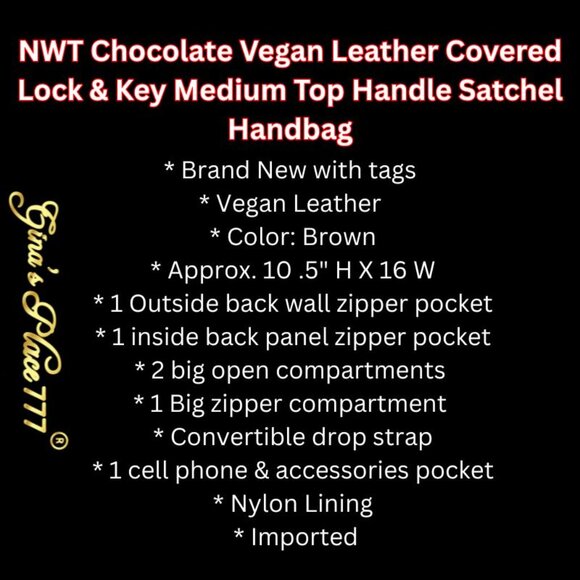 NWT Chocolate Vegan Leather Covered Lock & Key Medium Top Handle Satchel Handbag - Picture 3 of 11